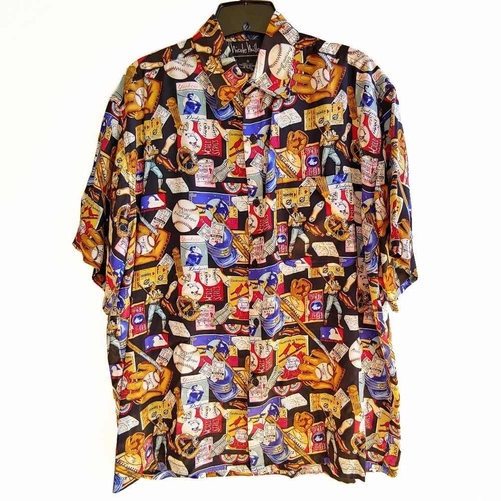 Vintage Nicole Miller 100% Silk Baseball Novelty S